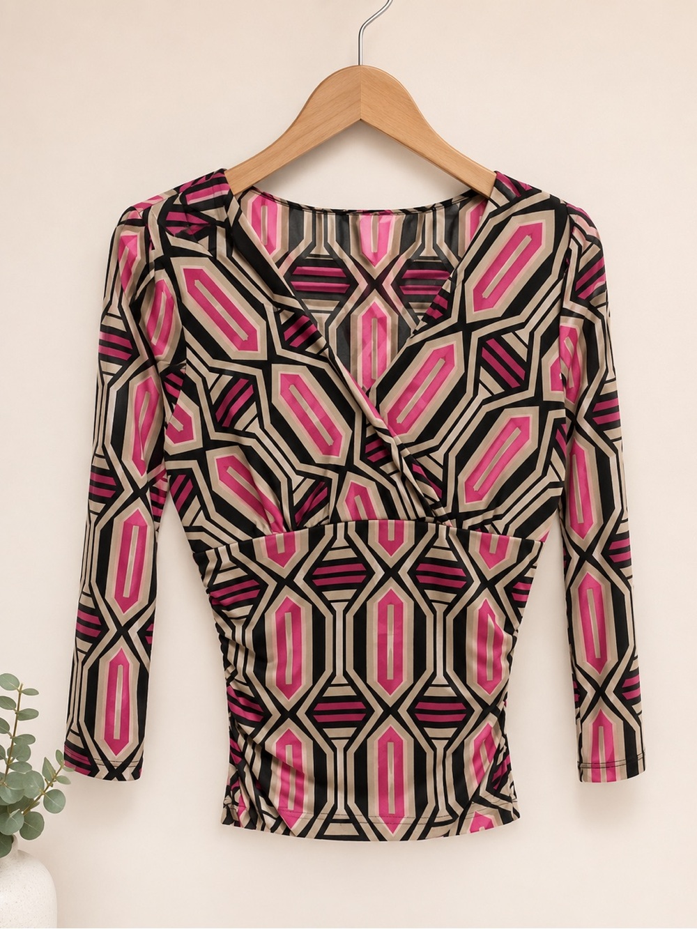 Source Unknown Geometric Surplice Long-Sleeve Top in Pink and Beige